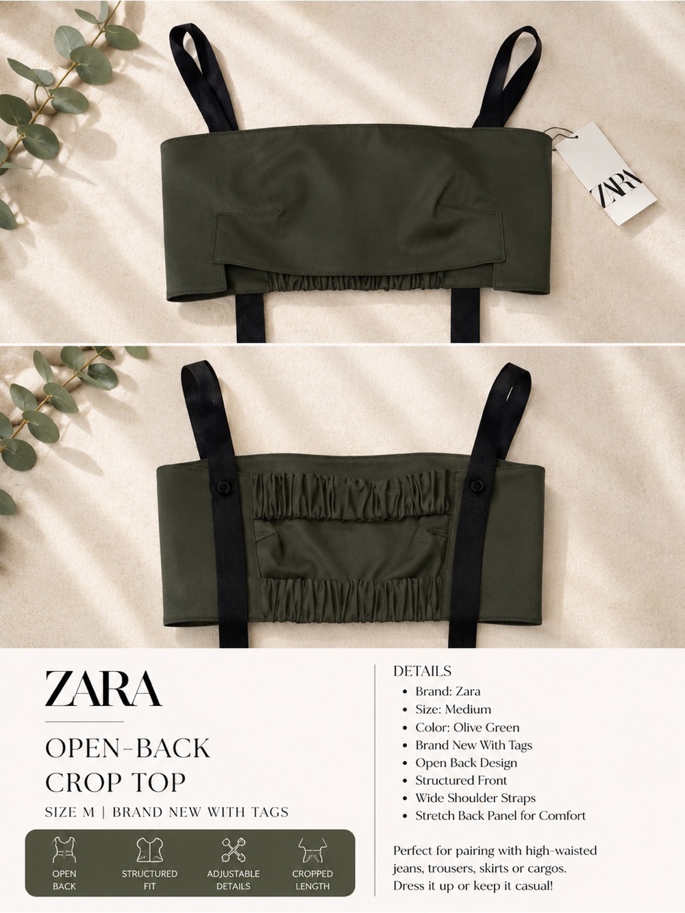 Zara Olive Green Crop Top with Black Straps